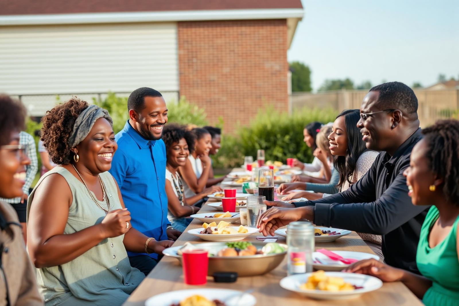 Church families sharing a fellowship meal outdoors